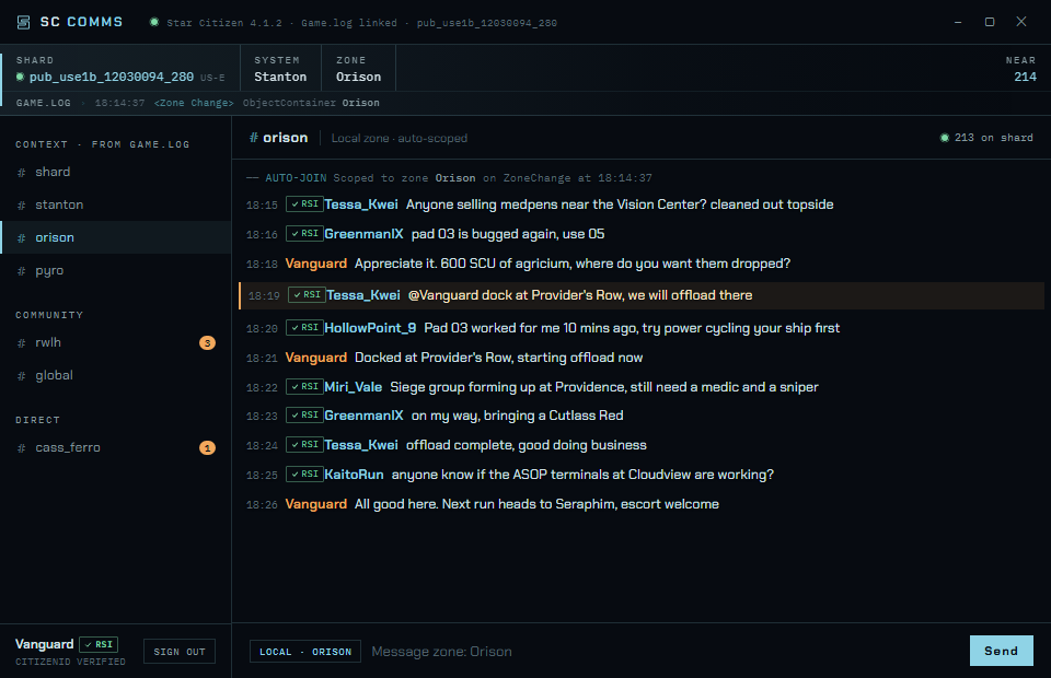 SC Comms desktop window showing context-aware channels, chat messages, and verified pilot identities